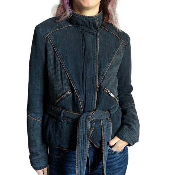 Free People Navy Blue Moto Jacket Size S Belted Full Zip Distressed Cotton - Picture 8 of 17